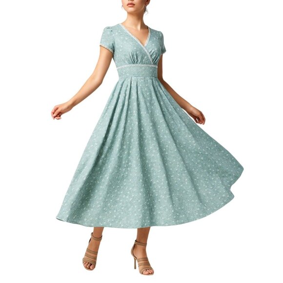 Xiaolizi Floral Linen Maxi Dress Duck Egg Blue Cap Sleeve - Picture 1 of 12